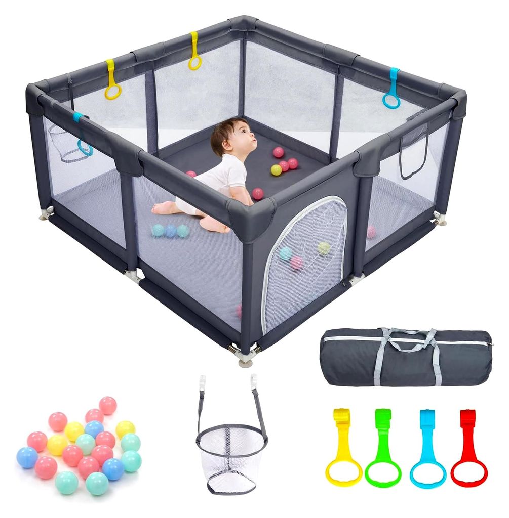 Baby Laufstall für Säuglinge und Kleinkinder, robuster Laufstall mit sichtbarem atmungsaktivem Netz, Schaumstoffschutz, einfach aufzubauen - 128 ...