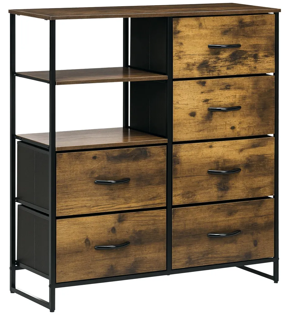 Commode de rangement style industriel 6 tiroirs et 2 étagères 84x30x92cm