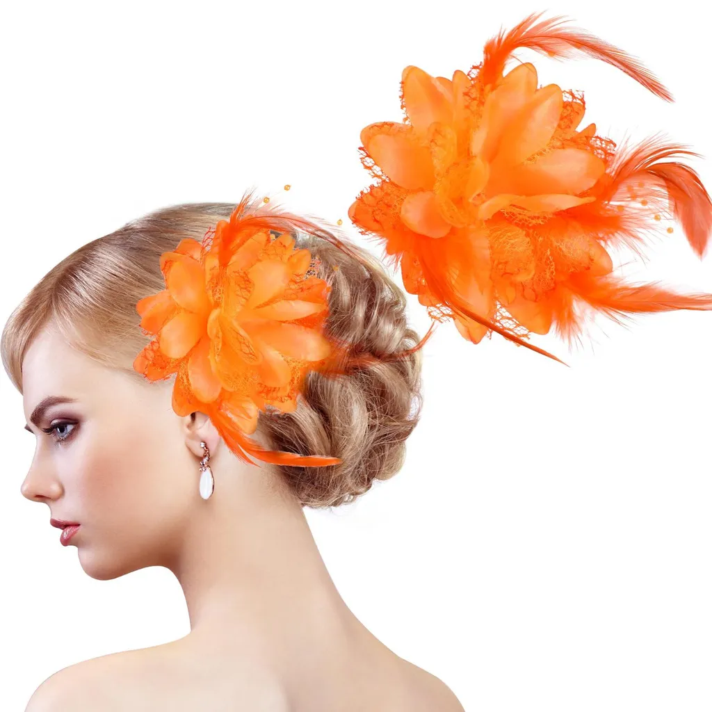 Lot de 2 Barrettes Plumes et Fleurs Orange Style Années 20 Charleston