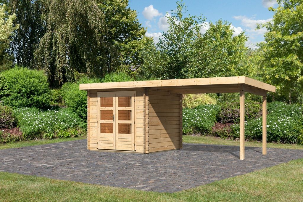 Gartenhaus Blockbohlenhaus Gerätehaus Bastrup 2 im Set mit Anbaudach 3 m breit naturbelassen 519x237x217 cm