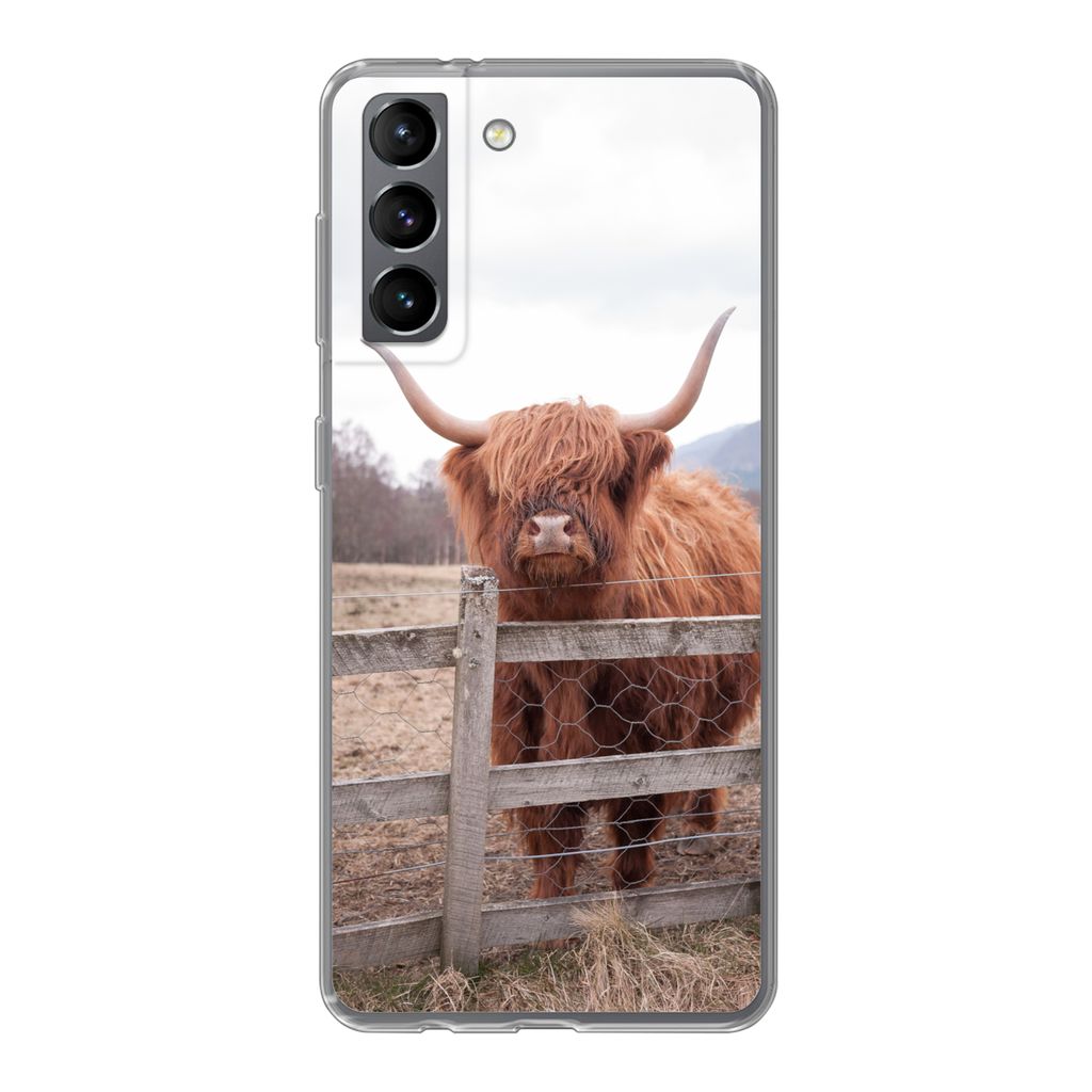 MuchoWow Handyhülle Schutzhülle Hülle für Samsung Galaxy S21 Scottish Highlander - Gras - Zaun Silikon Softcase Handy Hülle - Softcase