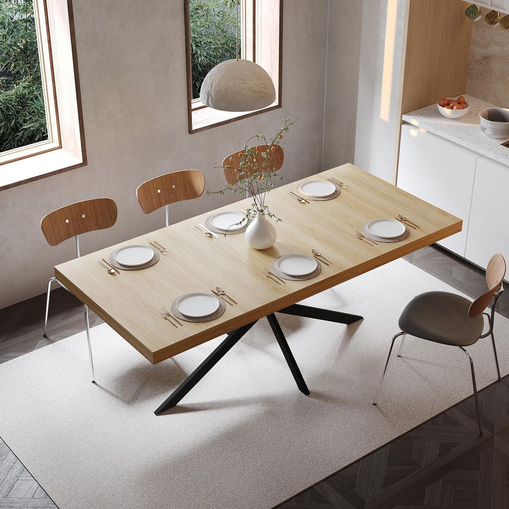 Esstisch 140-180x80 cm Rechteckig Ausziehbar für 4-6 Personen, Küchentisch mit Stauraum & X-Metallgestell, Modernes Industrial Design, Eiche-Optik