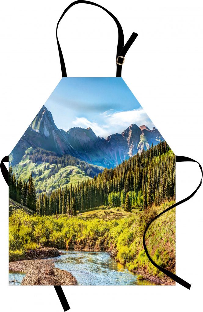 ABAKUHAUS Landschaft Kochschürze, Mountain Vista Thick Forest Trees Gebirgsfluss-Gras Bewölktes Sky Valley, Farbfest Höhenverstellbar Waschbar K...