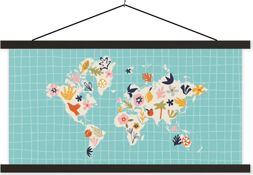 MuchoWow Textilposter Kinderzimmer - Weltkarte - Blumen - Obst 60x30 cm mit schwarzem Rahmen - Textilien