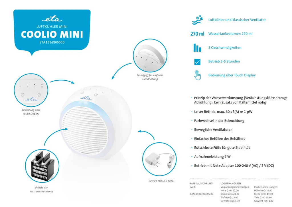 Rafraîchisseur d'air ETA 7W avec télécommande et 3 modes de ventilation - 14
