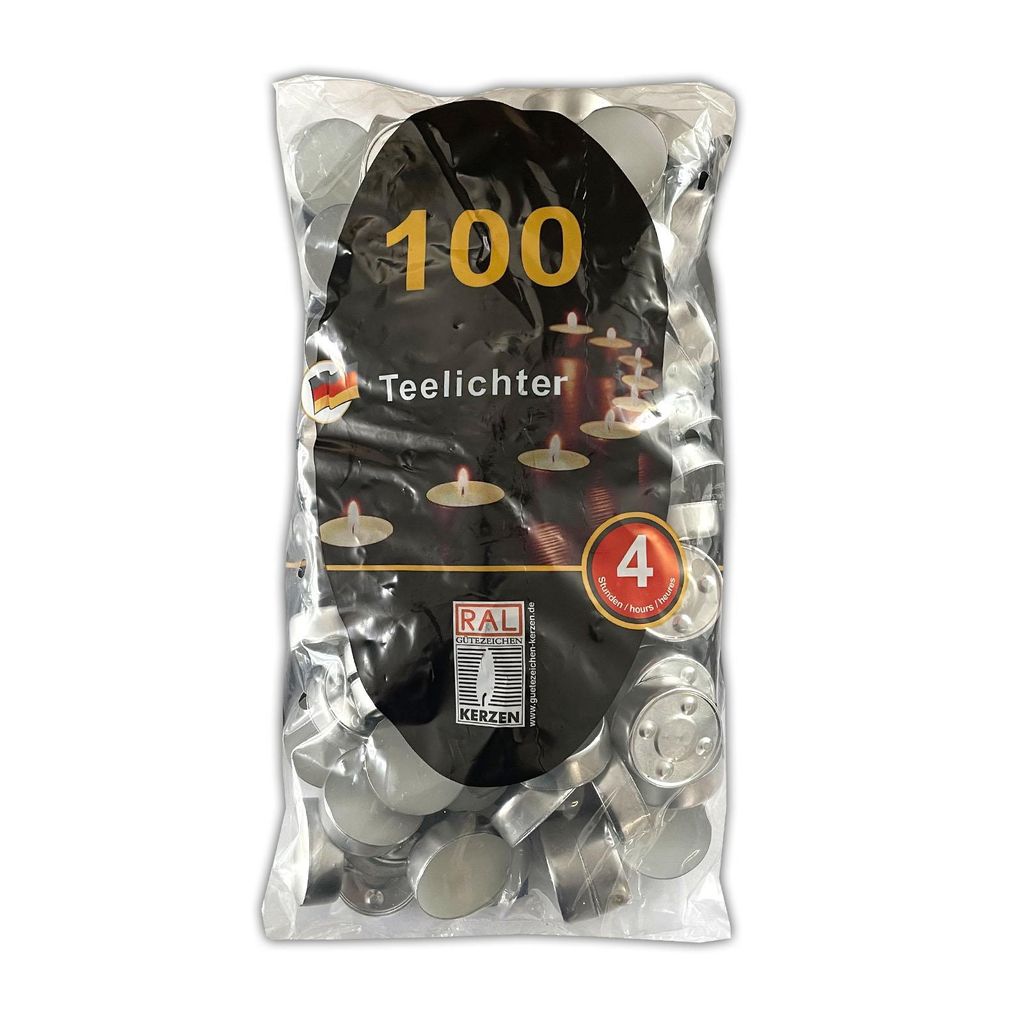 100 Stück Teelichter 4 Stunden Brenndauer Kerze Windlicht Produktbild 