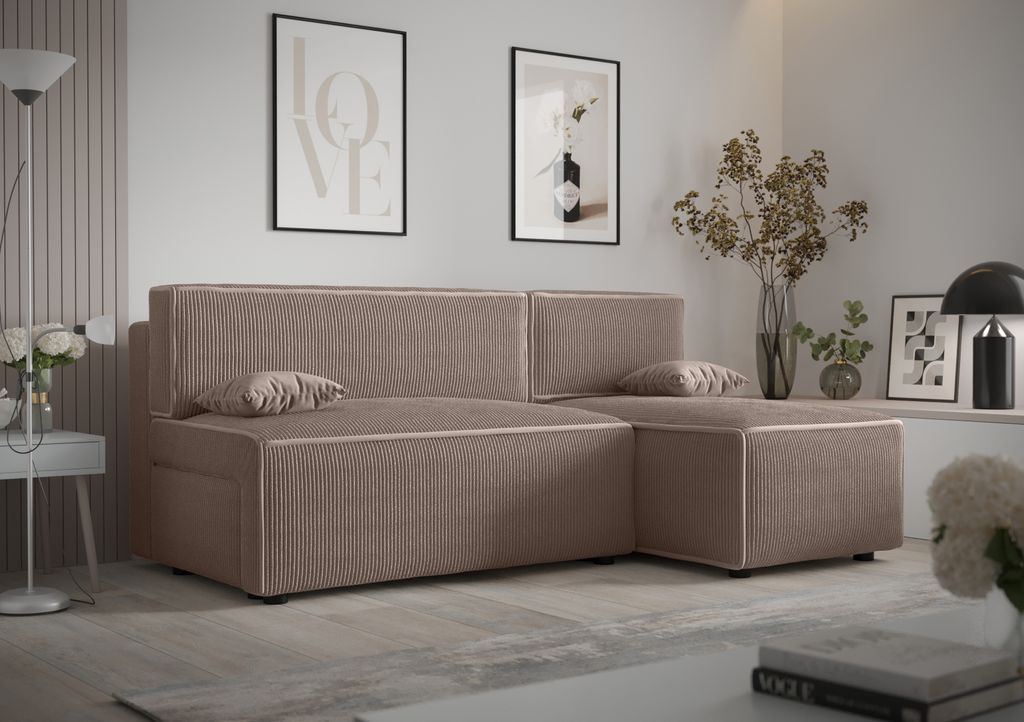 Ecksofa Alvito, Farbe: Hellbraun. Material: Kord. A: B: 212 cm,H: 85 cm, T: 105 cm, Eckcouch, Schlafcouch, Sofa bed, Schlafsofa