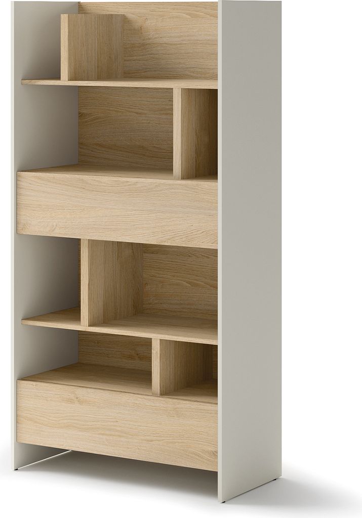 MEBLINI Wohnzimmerschrank für Schrankbett Bed Concept - Hochschrank mit Regalen, Fächern und Schubladen - BC-28 - Kaschmir/Nagano Eiche