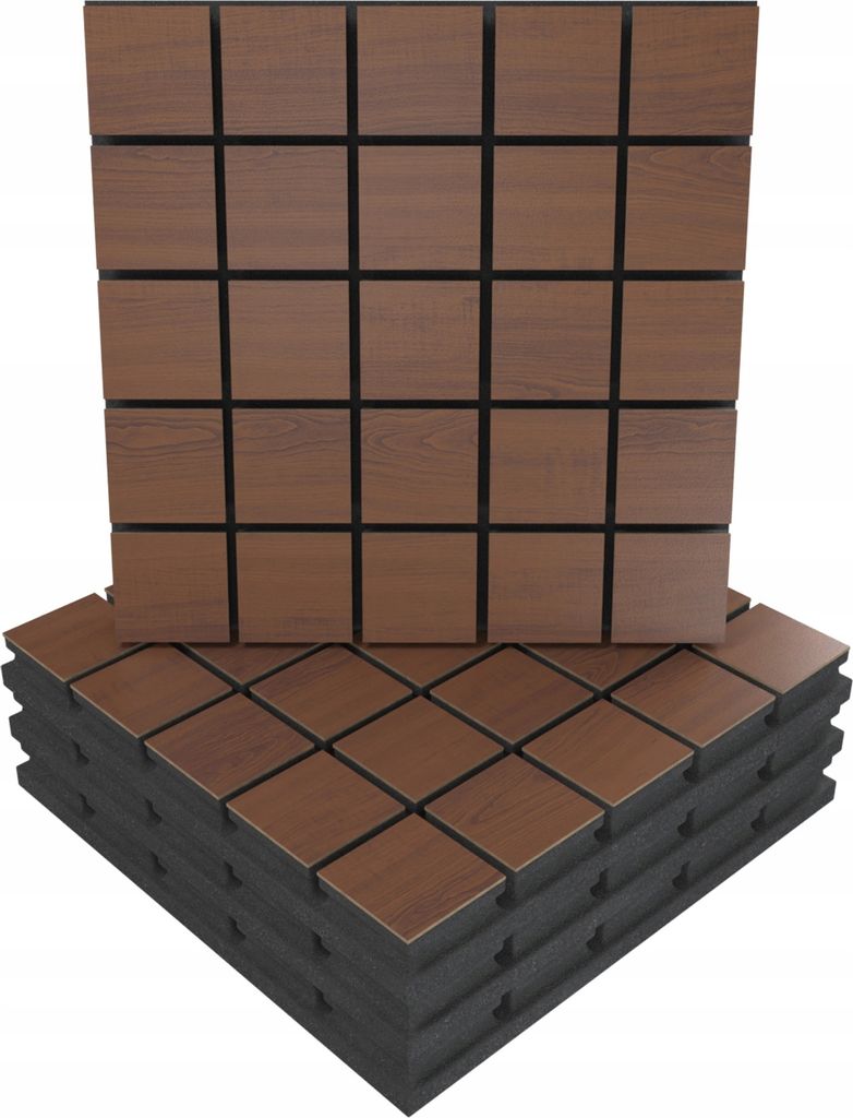 4 Stück AKUSTIK-WANDPANEELE mit Montageset | "GRID" 50x50x5cm | Absorption und Diffusion | Farbe: Nussbaum