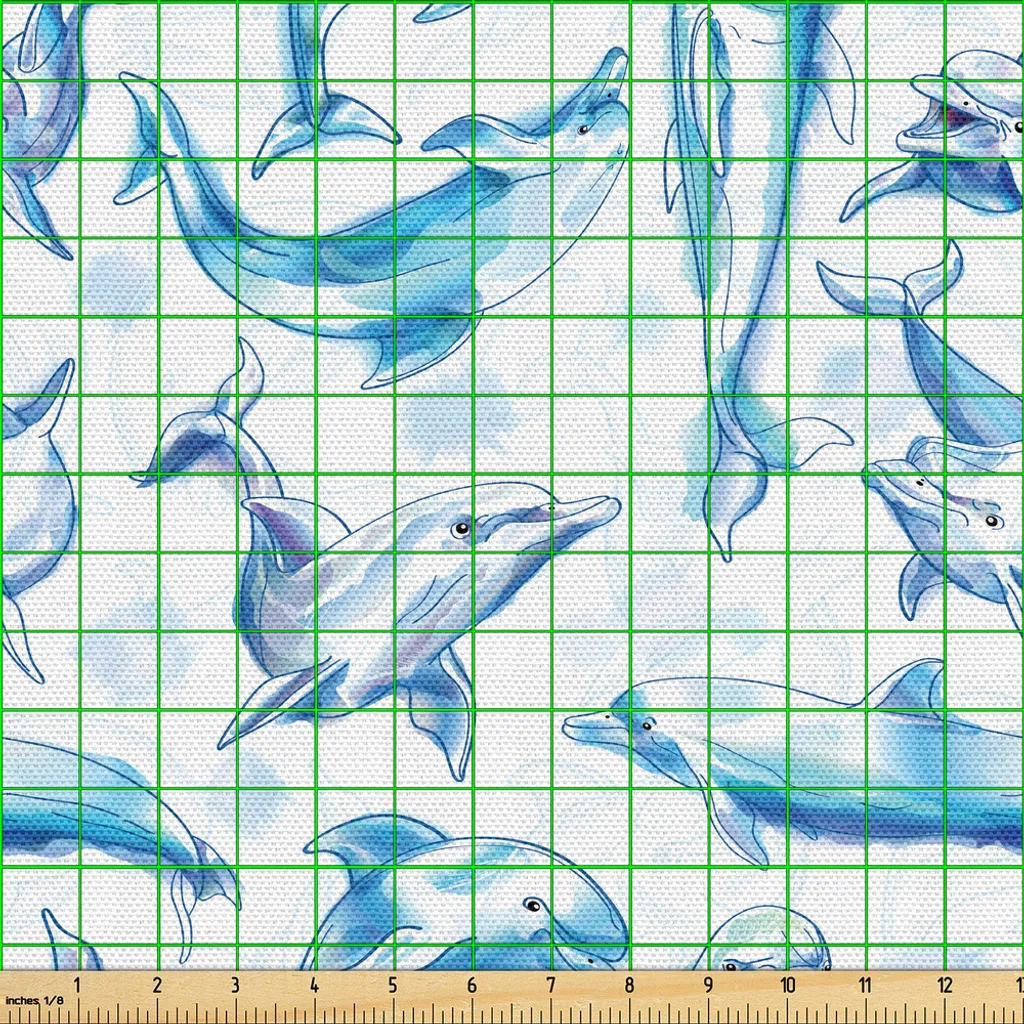 Tissu d'ameublement imprimé dauphins en coton mélangé - Coupon de 3m