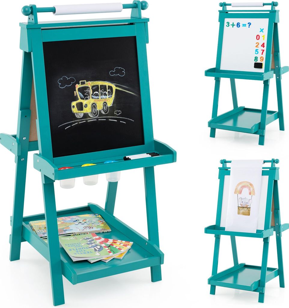 GOPLUS Tafel Kinder, 3-in-1 Kindertafel mit Whiteboard & Magnetischer Tafel, faltbare Malstaffelei mit Papierrolle & 3 Farbpaletten, Grün