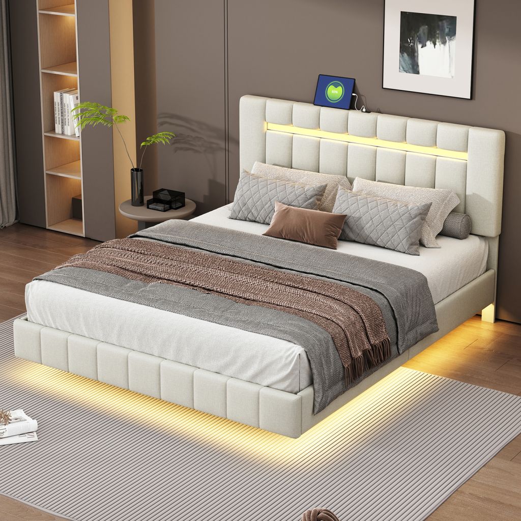 CDGlobal Polsterbett 160x200cm mit LED-Beleuchtung und USB-Stecker, Doppelbett mit Schwebebettrahmen und höhenverstellbarem Kopfteil, Holzbett Jug...