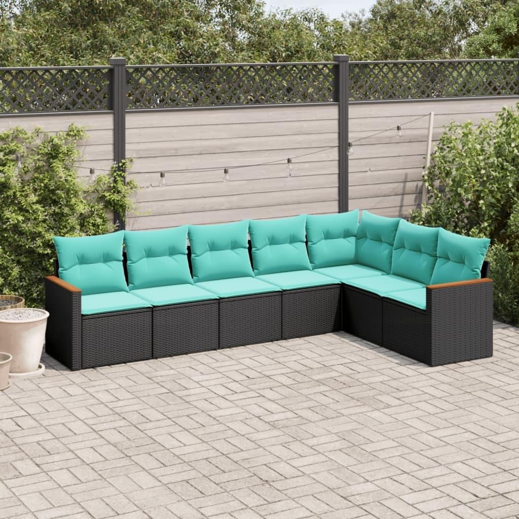 Maison Exclusive - 7-teiliges Gartensofa-Set mit Kissen, schwarzes Polyrattan