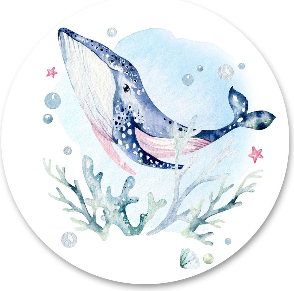 Sticker Kreis für Kinderzimmer pastellfarbener WAL Meer Pflanzen Aquarell Dekor Wandtattoo Aufkleber 100 cm x 100 cm