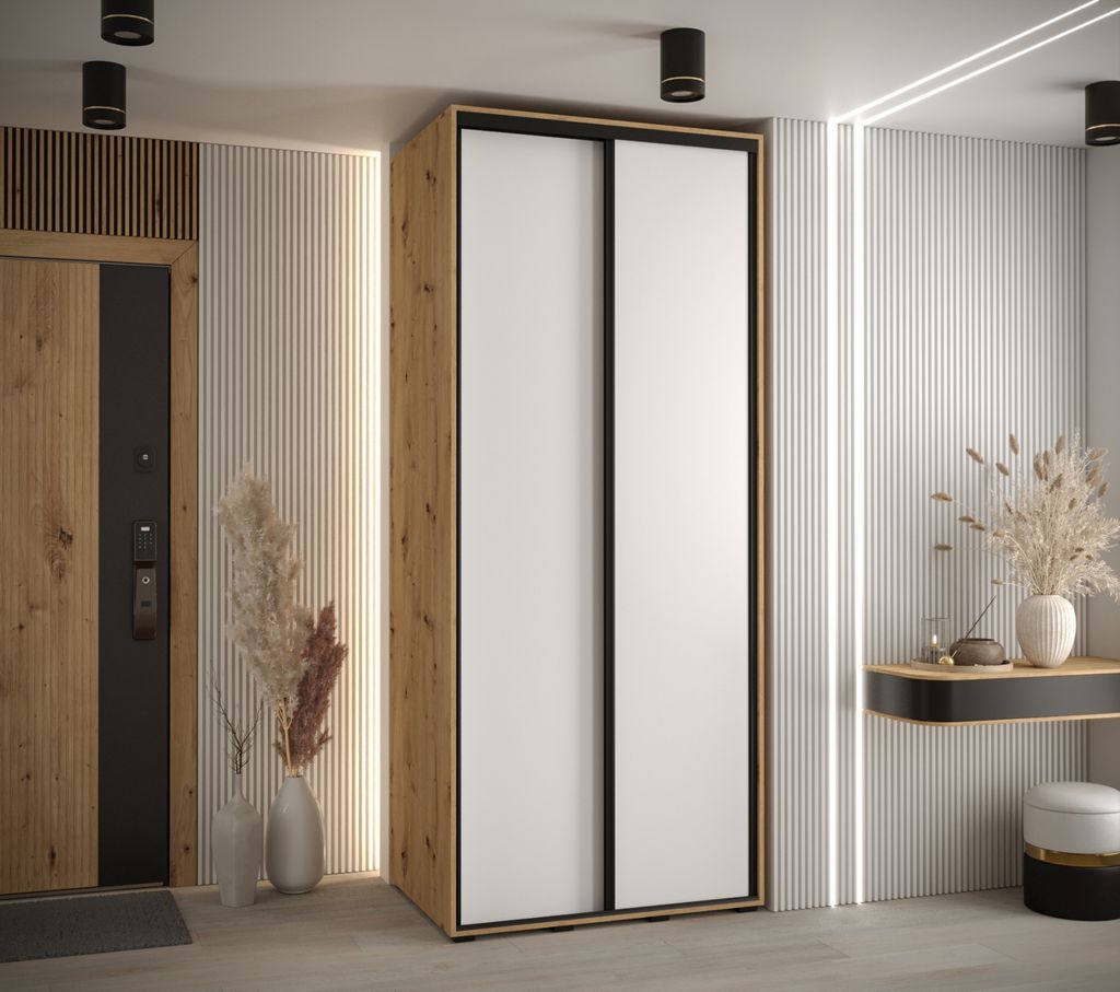 Kleiderschrank YVONA 1 - 100/60 cm, Eiche handwerklich / weiß / schwarz