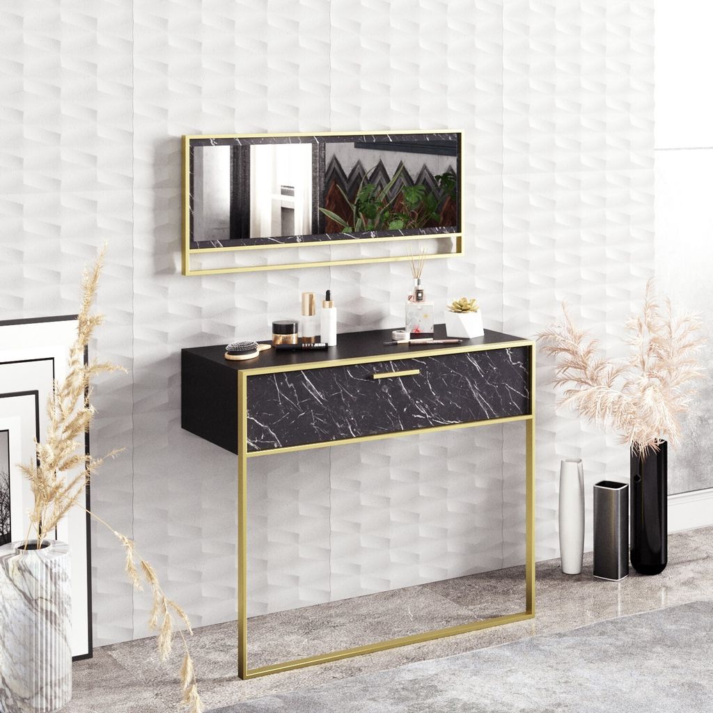 Skye Decor, Polka- Polka Aynalı ZNA, Gold,Schwarz, Kommoden, 76,8x90x38,5 cm, 100% Melaminbeschichtete Partikelplatte