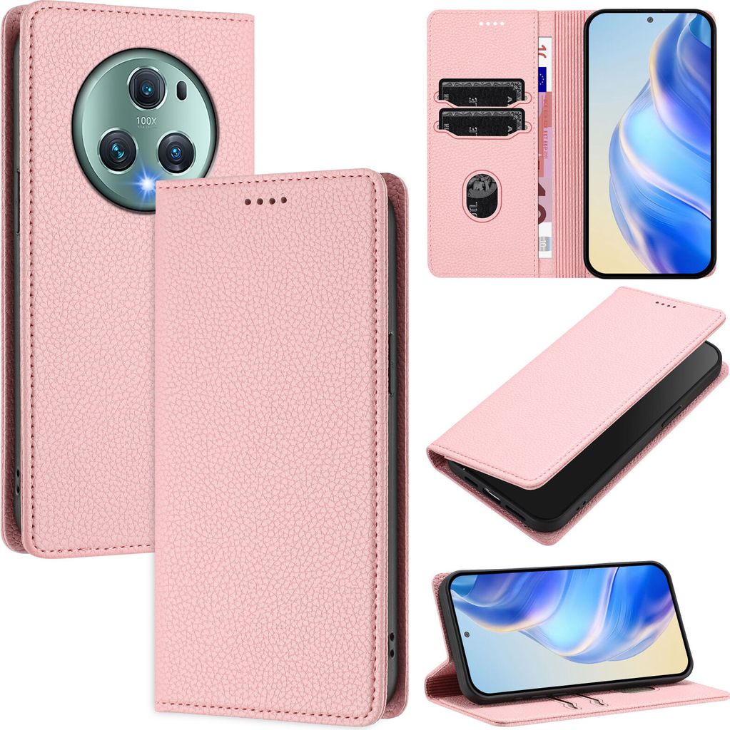 Litchi Leder Handyhülle für Honor Magic5 Pro Wallet Kartenfächer Standfunktion Hülle Pink