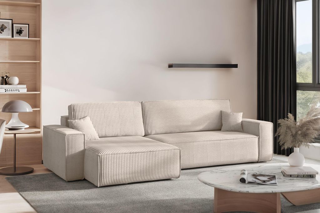 Kaiser Möbel Ecksofa mit schlaffunktion und bettkasten BEST XL, stoff Poso Dicker Cord, Beige, Links