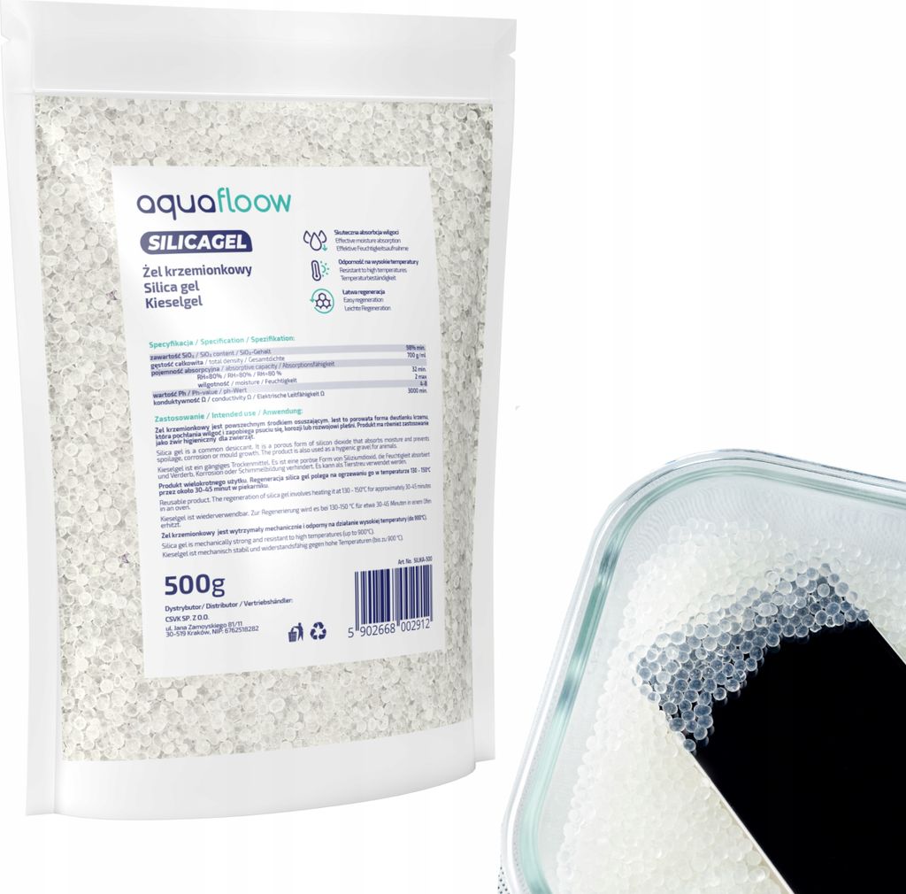 Aquafloow Silicagel zur Trocknung | Regenerierbares Silicagel | Trockenmittel in Form von Gelkugeln Kieselgel 0,5 KG (500 g)