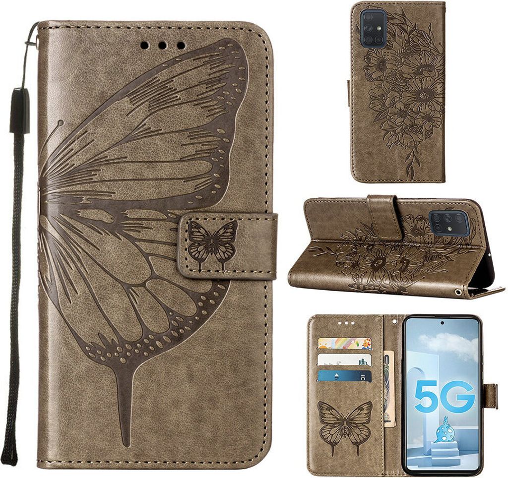 Galaxy A51 5G Hülle, Schmetterling Prägung Flip Leder Kartenfächer Schutzhülle Ledertasche mit Ständer für Samsung Galaxy A51 5G Grau