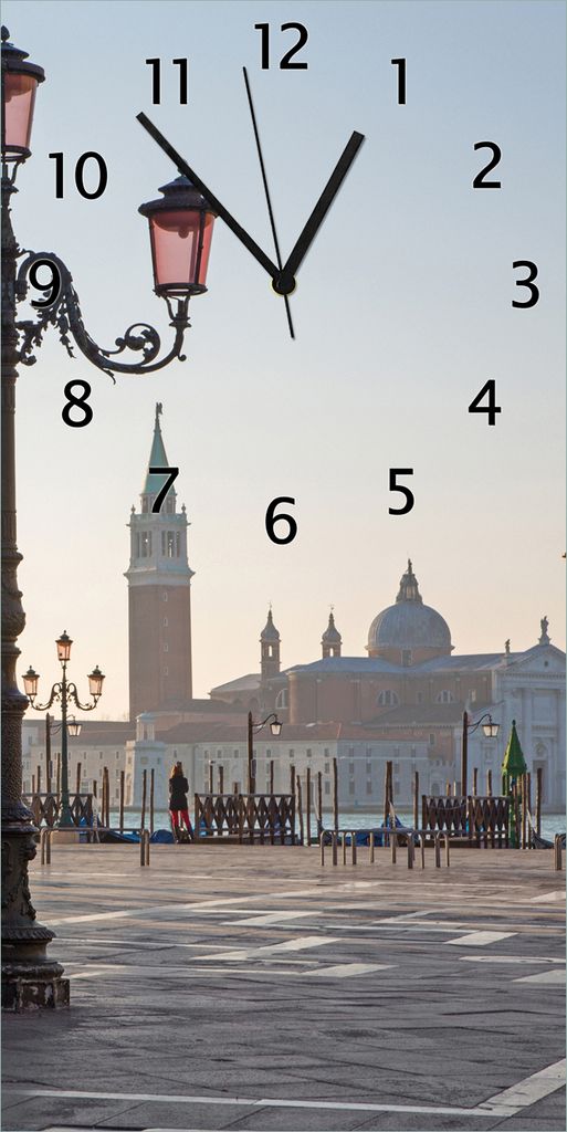 Wallario Design Wanduhr bedruckt, Größe 30 x 60 cm, Motiv: Venedig - Dogenpalast, Markusplatz und San Giorgio Maggiore II