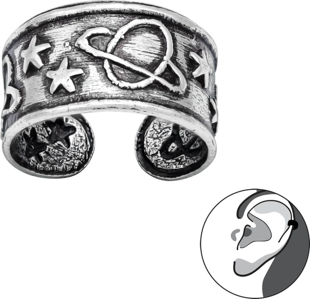 925 Sterling Silber geschwärzte Ohrmanschette mit Saturn und Sternen Ear Cuff Ohrklemme