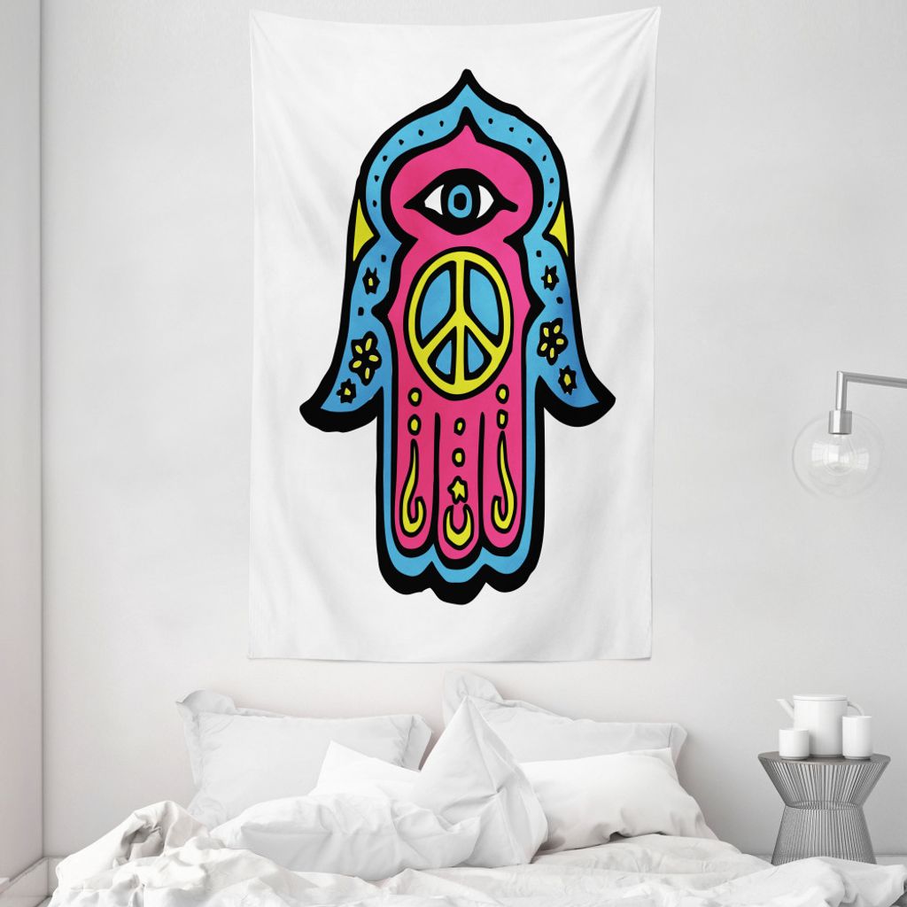 ABAKUHAUS Hamsa Wandteppich und Tagesdecke, Hippie Hand Fatima aus Weiches Mikrofaser Stoff Waschbar ohne Verblassen Digitaldruck, 140 x 230 cm, Bl...