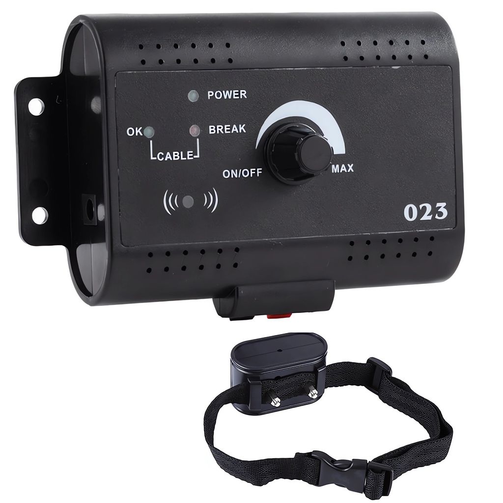 A black electronic dog fence transmitter and collar are shown against a white background.