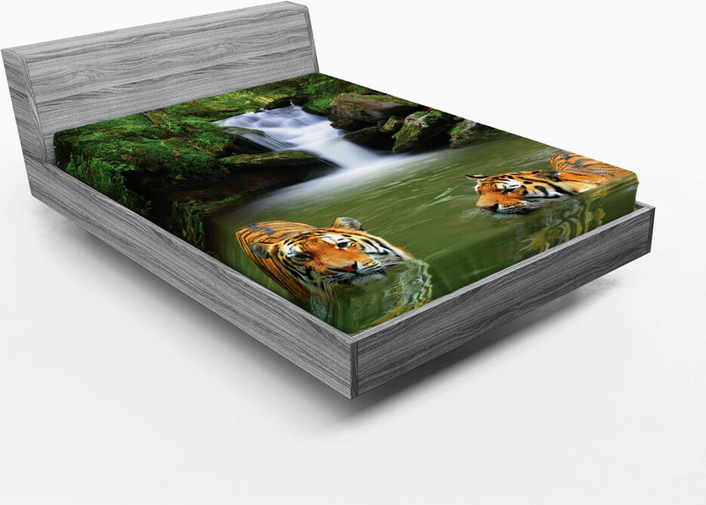 ABAKUHAUS Safari Spannbetttuch, Sibirische Tiger Im Wasser Wasserfall Pool Waldschwimmen Asiatisch Natürlich, 90 x 200 cm, Reseda Grün Orange
