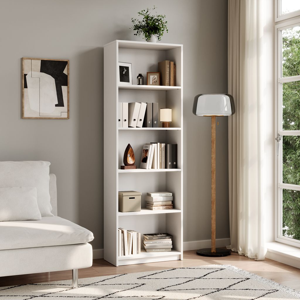 Bücherregal Aktenregal Standregal Raumteiler weiß mit 5 offenen Fächern aus MDF Holz | Breite 60 cm