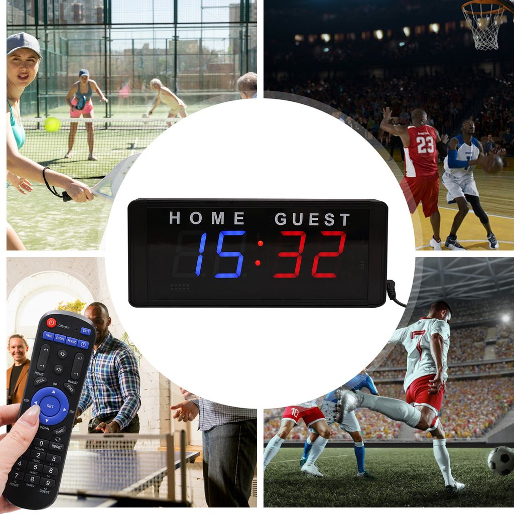 A collage of images showing various sports and a digital scoreboard.