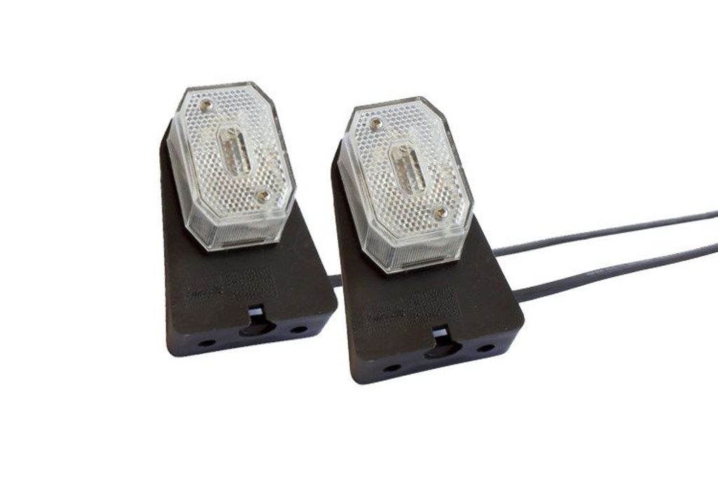 Two white lights with black bases and wires are shown against a white background.