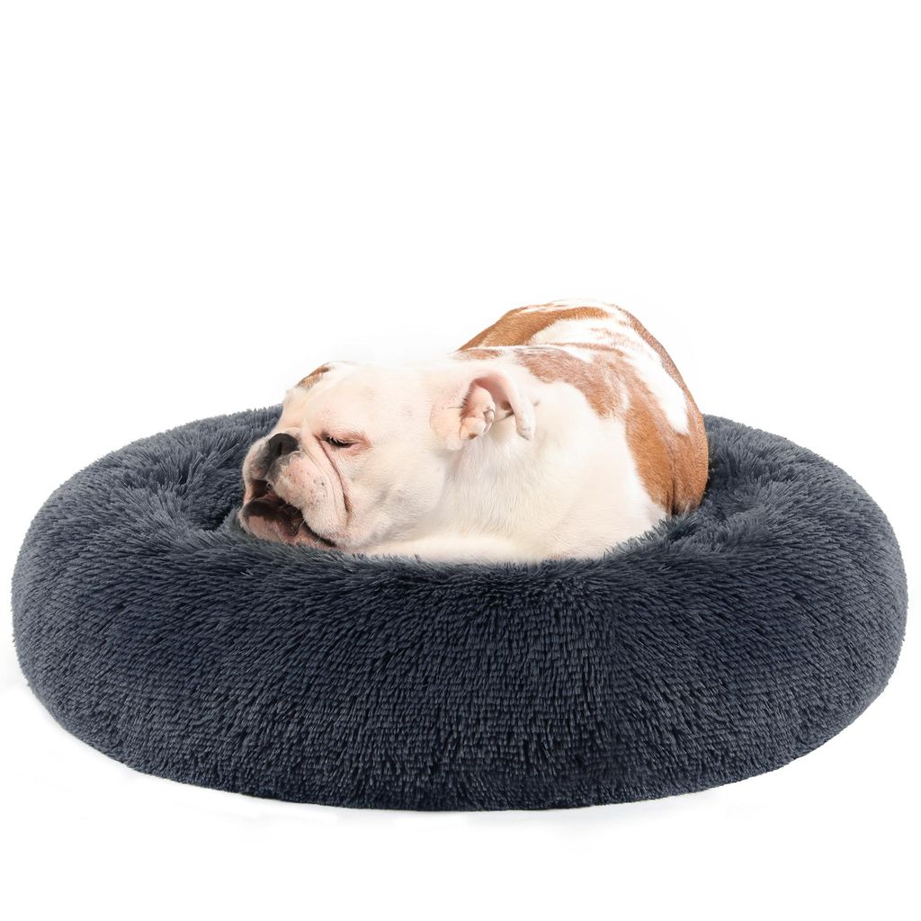 Feandrea Hundebett flauschig, Katzenbett, Donut Kissen, waschbar, Polsterung in der Mitte herausnehmbar, langer Plüsch, 80 cm Durchmesser, dunkelgrau