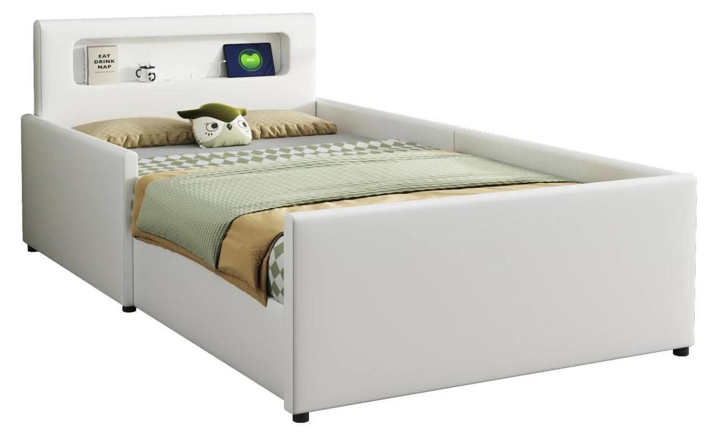 Kinderbett - Einzelbett 90x200 cm - Gepolstertes PolyurethanKunstleder - Bettkasten - Fallschutz - Weiß