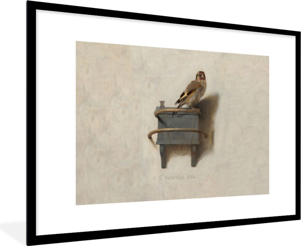 MuchoWow Gerahmtes Poster Der kleine Stieglitz - Gemälde - Fabricius - Alter Meister 90x60 cm - Poster mit Schwarzem Bilderrahmen Wandposter Rah...