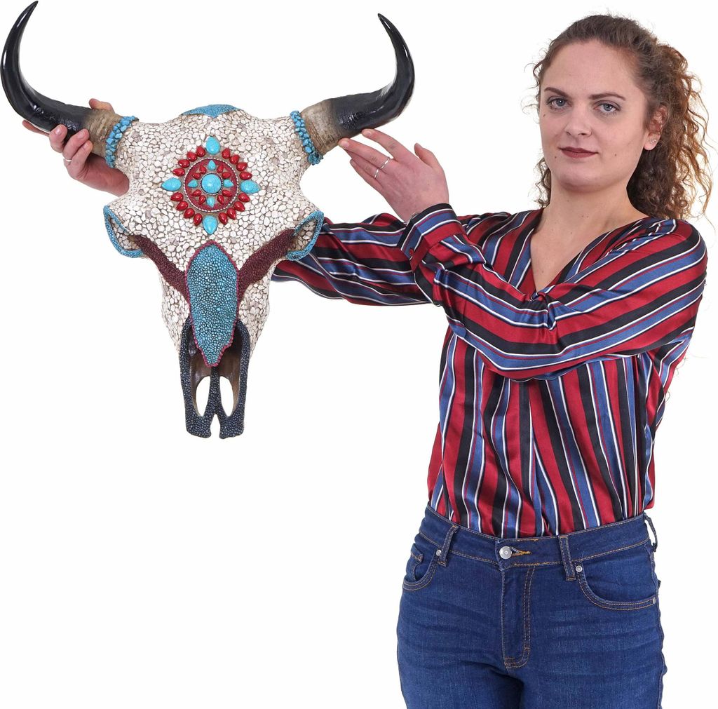 Deko Kuhschädel MCW-D31, Stierkopf Bulle Tierkopf Kuhkopf Trophäe mit Mosaik, Polyresin 51x50x25cm