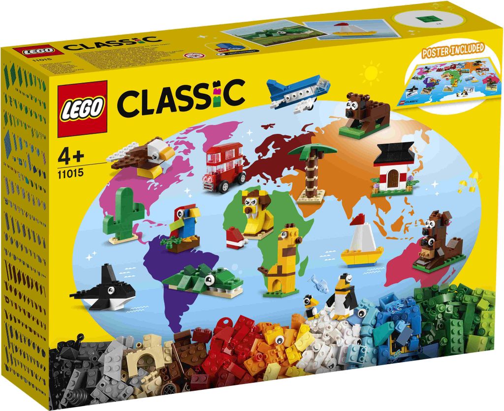 The image shows the packaging of a LEGO Classic building set, featuring a world map with various animals and objects made from LEGO bricks.