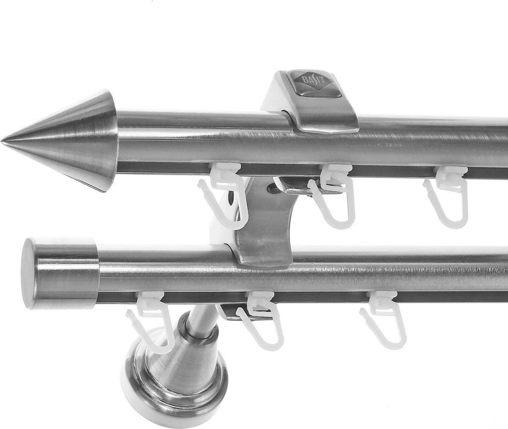Innenlauf Edelstahl Look Gardinenstange Set 20mm Wandträger 2-läufig Spitze H60 E31E30 II