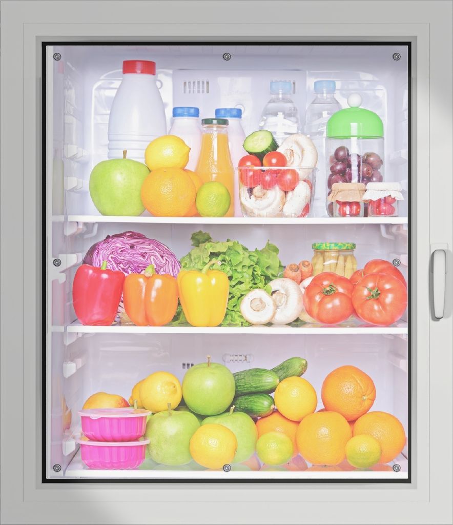 Wallario Lichtschutzbild, Dekorativer Sichtschutz Sonnenschutz 96 x 115 cm mit Motiv: Offener gefüllter Kühlschrank - Verdunklung ohne Bohren
