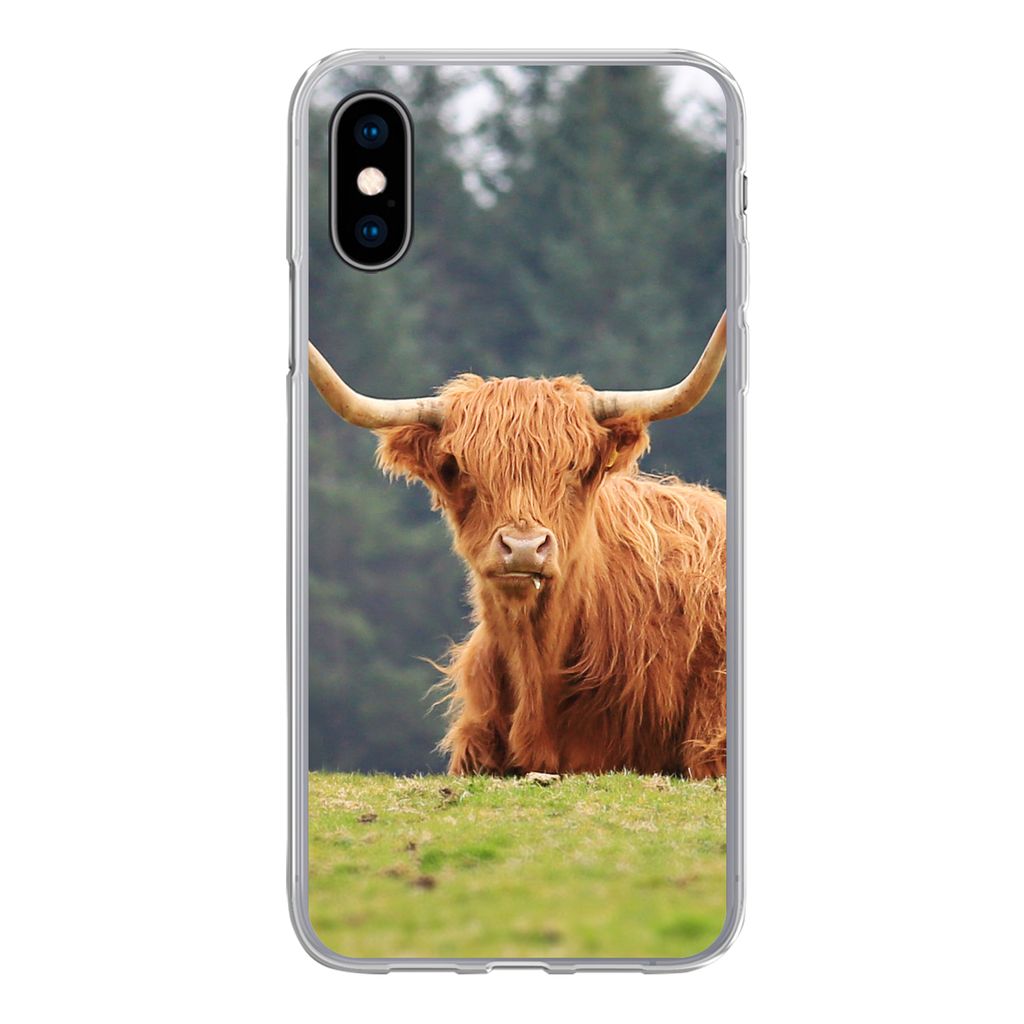 MuchoWow Handyhülle Schutzhülle Hülle für iPhone X Schottische Highlander - Gras - Wald Silikon Softcase Handy Hülle - Handyhülle