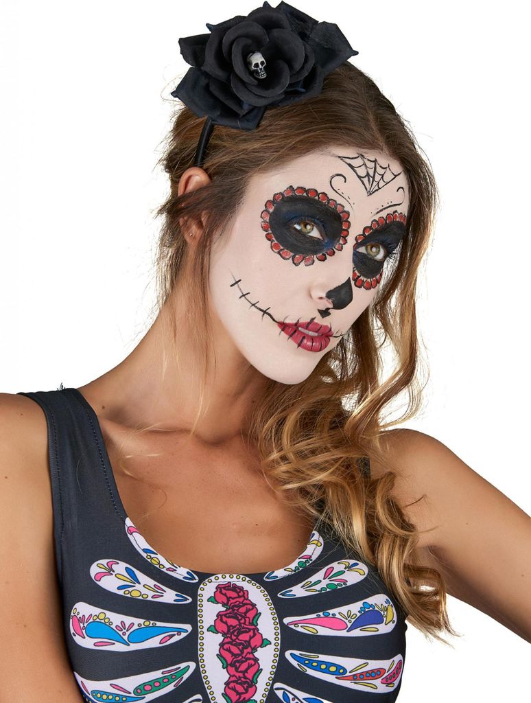 Dia de los Muertos Halloween Haarreif mit Totenkopf-Rosenblüte schwarz-weiss -