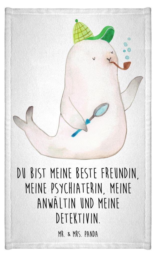 Mr. & Mrs. Panda Handtuch Robbe Sherlock - Weiß - Geschenk, Frotteetuch, badezimmer, Lustige Sprüche, Design, Gästehandtuch Bunt, Gästetuch