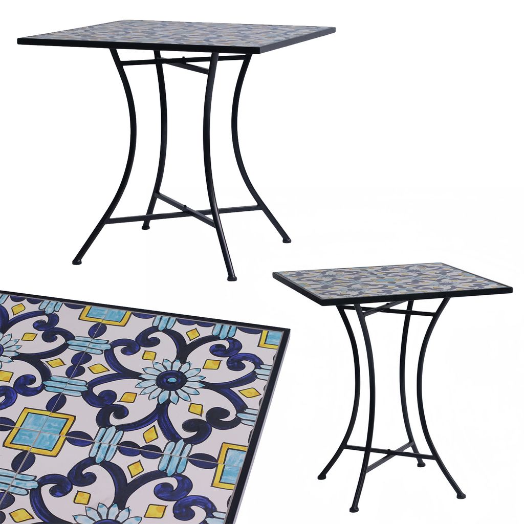 A square mosaic garden table with a black metal frame, shown from a slightly elevated angle. A close-up of the mosaic pattern is also visible in the bottom left corner.
