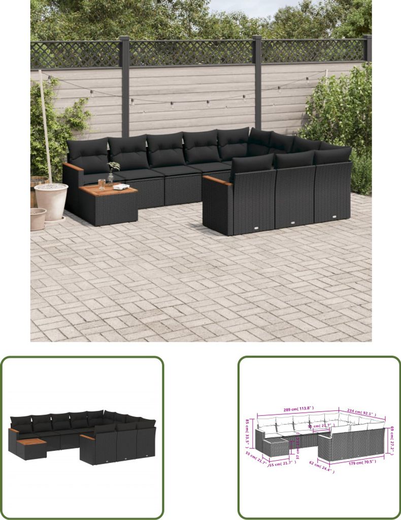 The Living Store 11-tlg. Garten-Sofagarnitur mit Kissen Schwarz Poly Rattan