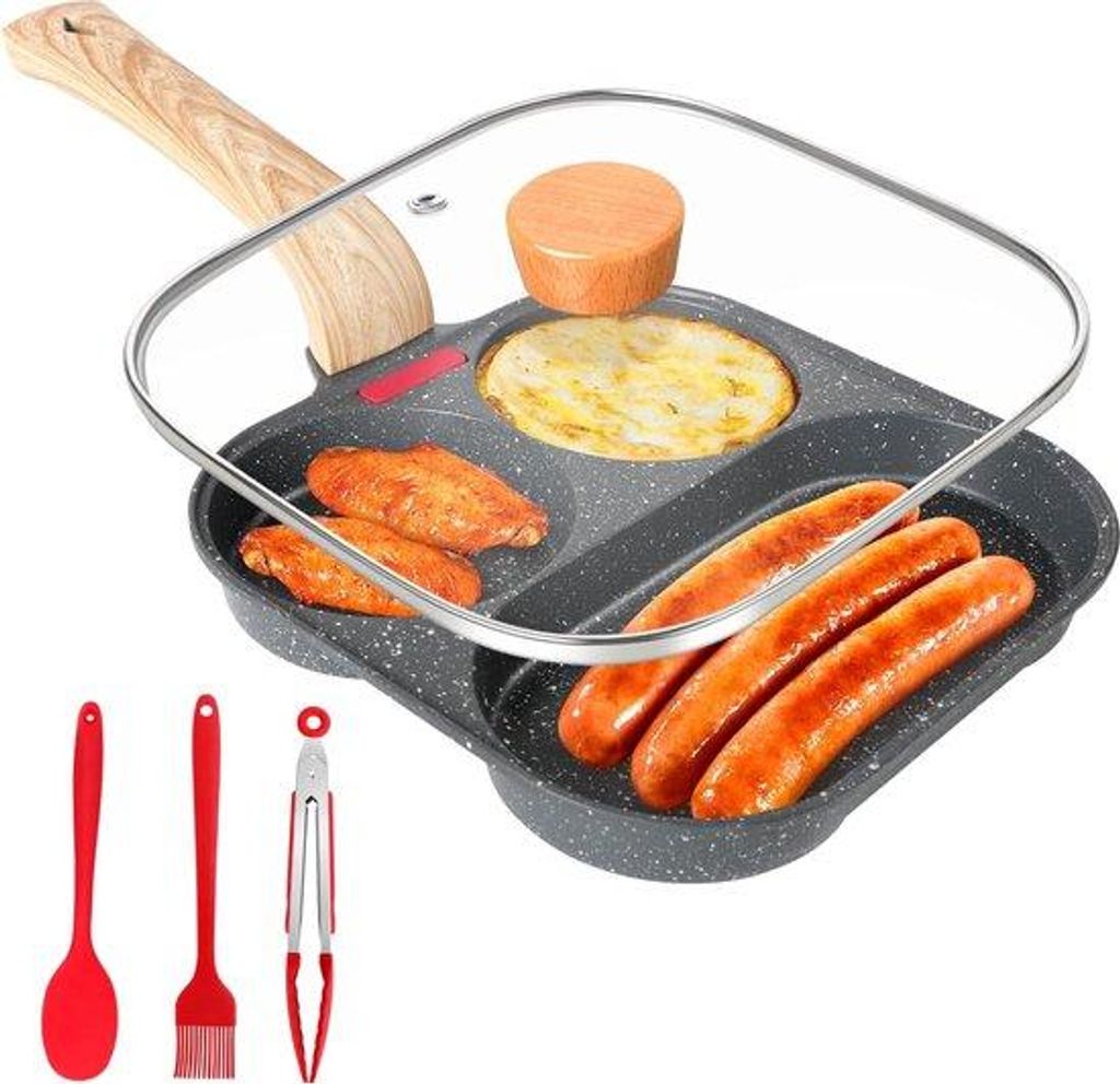Aluminium Antihaft Pfannenbrett mit 3 Ausgusslöchern, 3-Fuß-Stand, Induktions- und Gasfähigkeit.