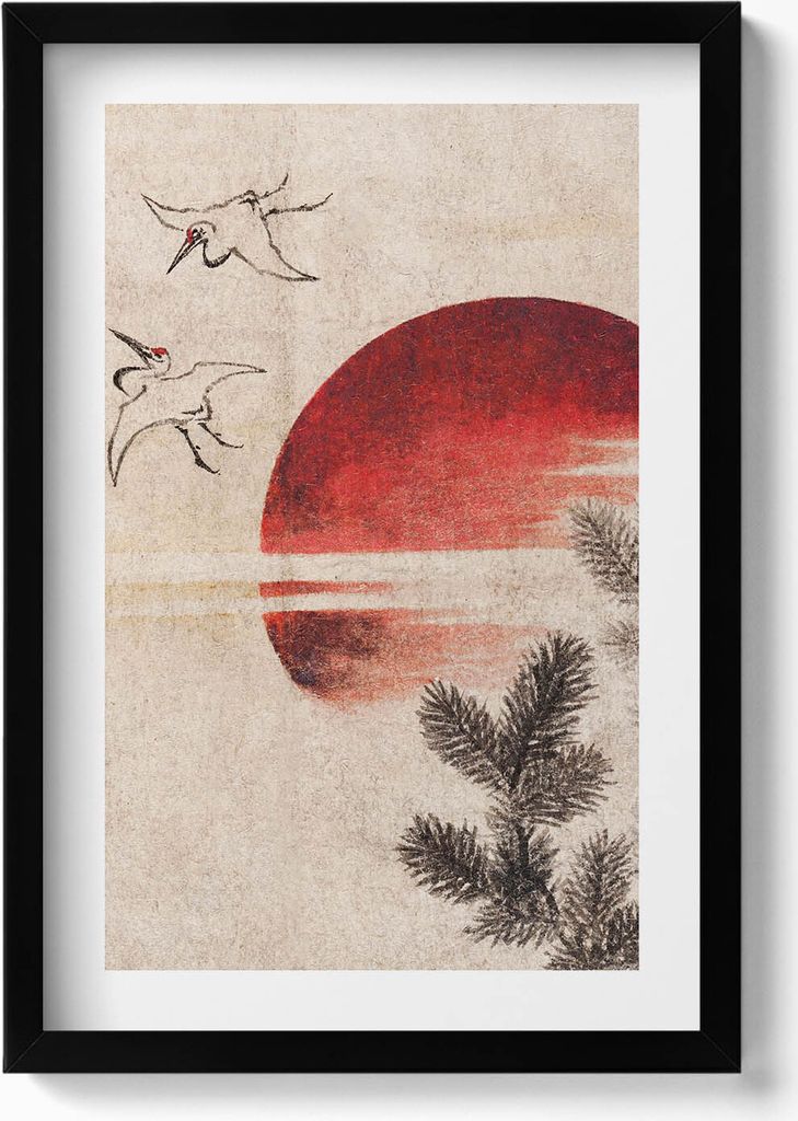 Japanische Kunst der untergehenden Sonne– Wandbild mit Rahmen – Gerahmtes Bild – Wanddekoration – 40x60 cm – Schwarz