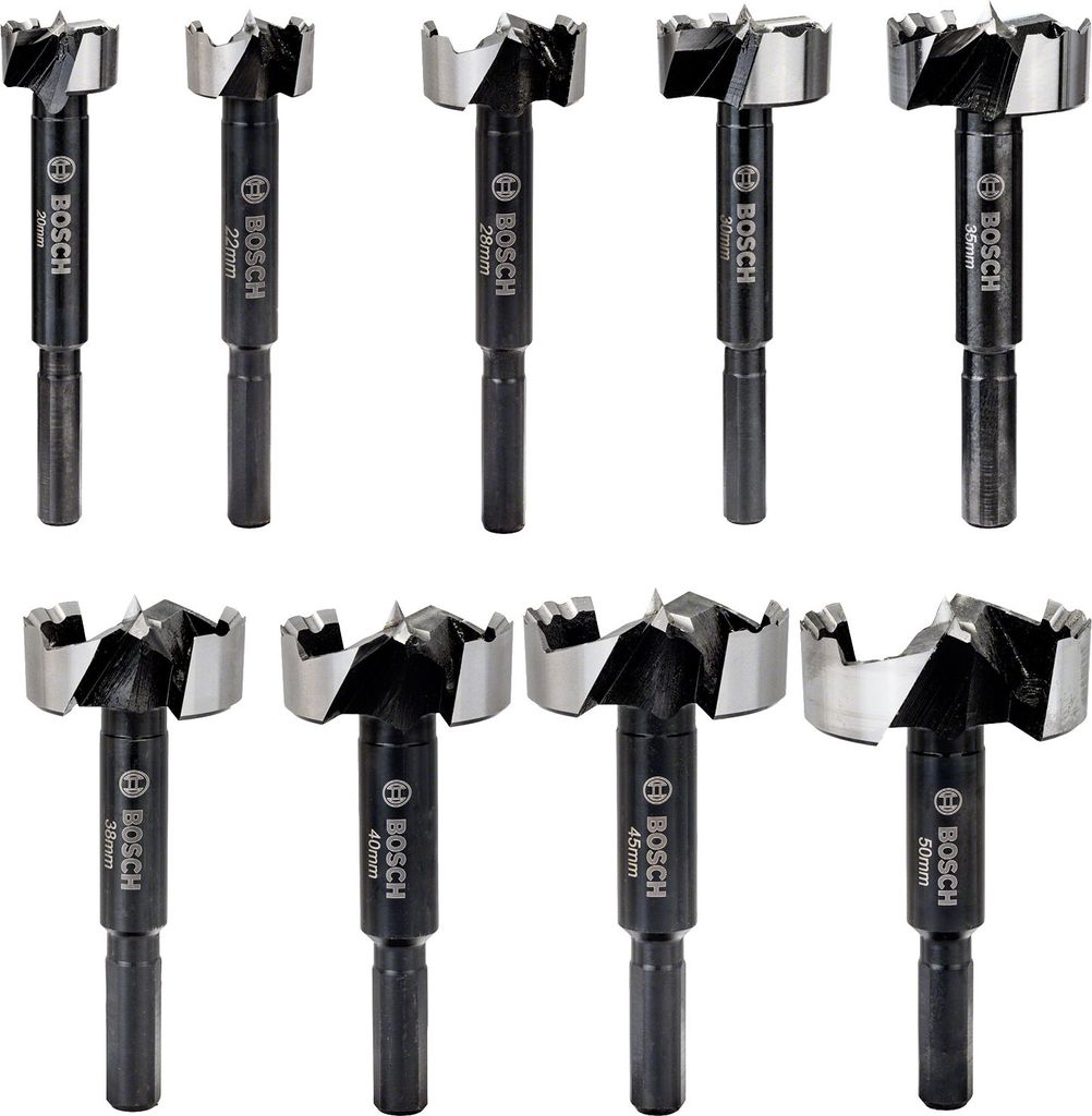 A collection of Bosch Forstner drill bits arranged in two rows against a white background.