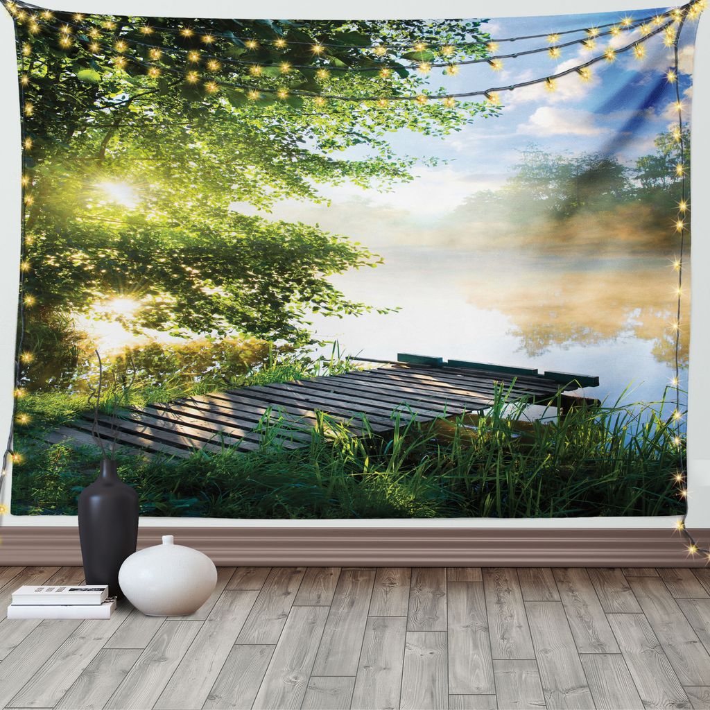 ABAKUHAUS Natur Wandteppich, Angelpier am Fluss, Wohnzimmer Schlafzimmer Heim Seidiges Satin Wandteppich, 200 x 150 cm, Weiß Grün Blau