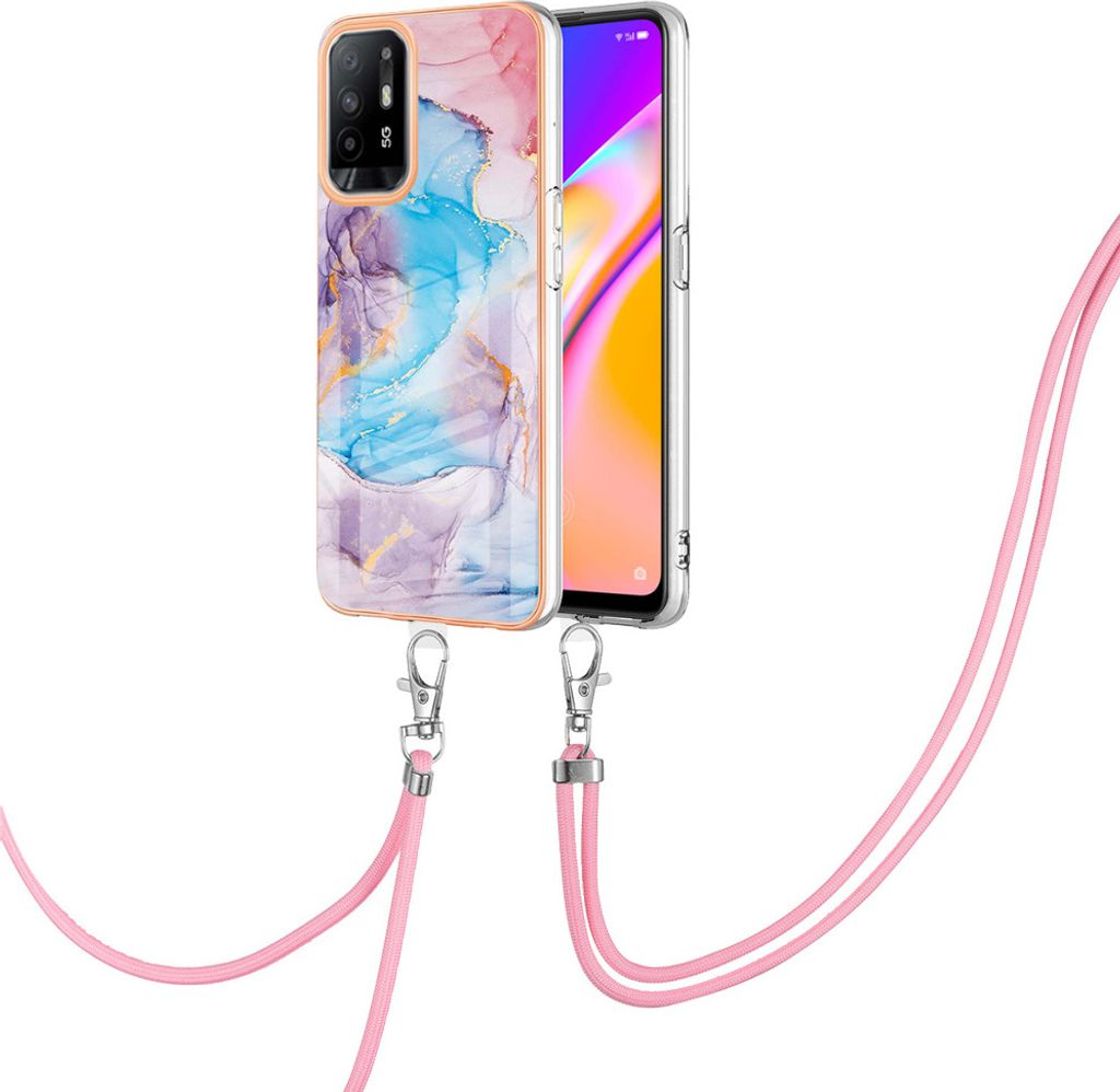 Handykette Hülle für Oppo A94 5G / A95 5G Muster TPU Schutzhülle mit verstellbarem Tragegurt Blau