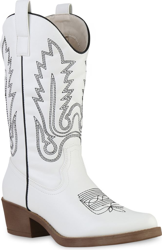VAN HILL Damen Stiefel Cowboystiefel Stickereien Boots Spitze Schuhe 839883, Farbe: Weiß Schwarz, Größe: 36